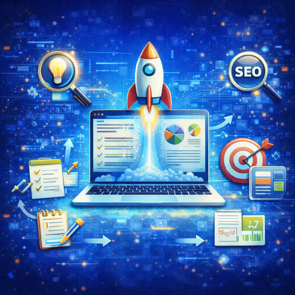 Content and SEO strategy illustration showing research, planning, content creation, and performance growth