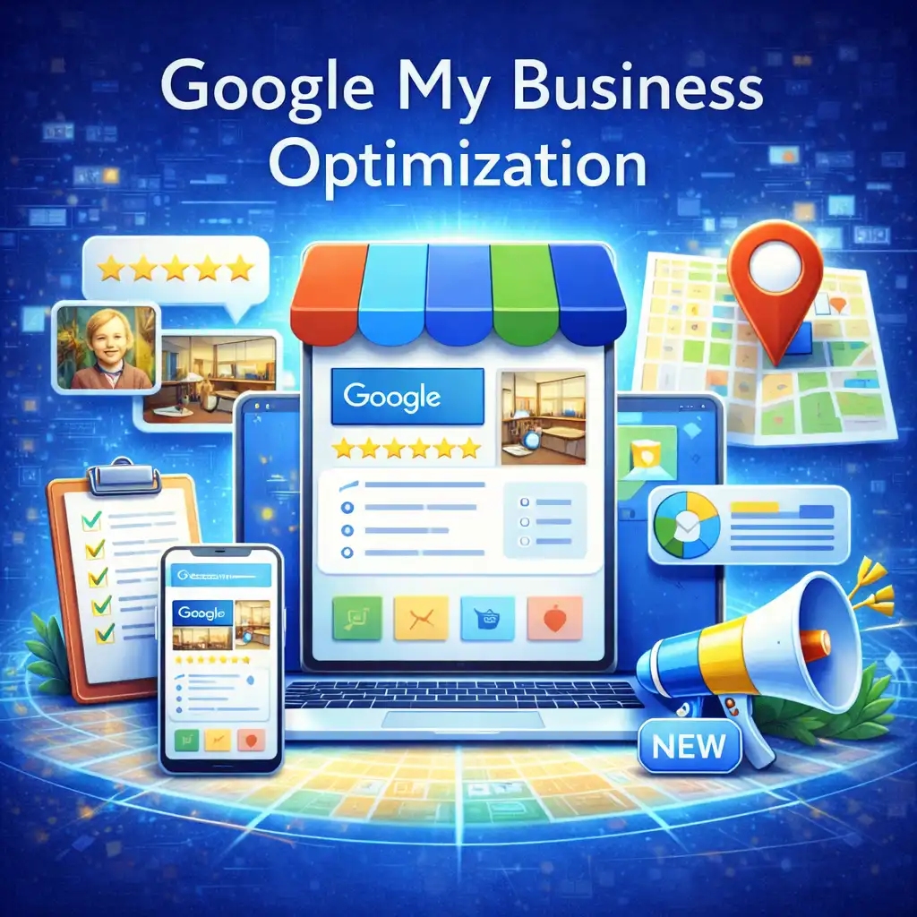 Google My Business optimization showing business profile, reviews, photos, and local search visibility