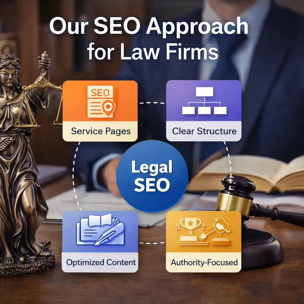 SEO approach for law firms showing legal SEO strategy, service pages, site structure, content, and authority
