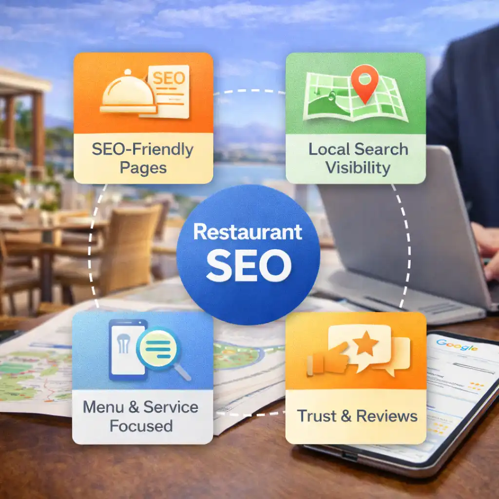 SEO approach for restaurants showing restaurant SEO strategy, local search visibility, menus, and reviews