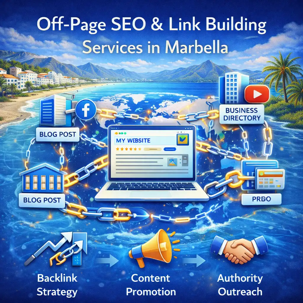 Off-page SEO and link building services in Marbella showing backlinks, authority building, and content promotion