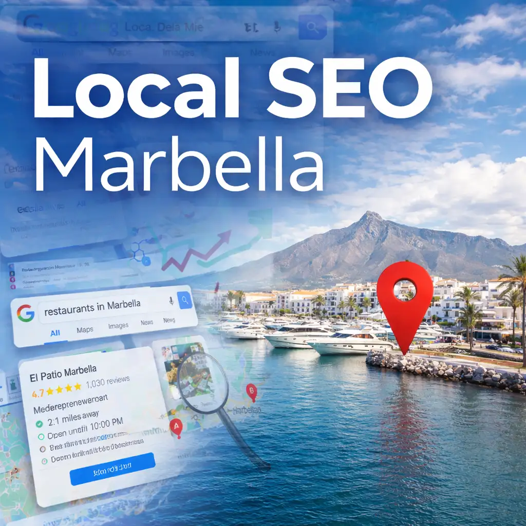 Square image showing Local SEO in Marbella with Google Maps pin, search results, and Marbella marina