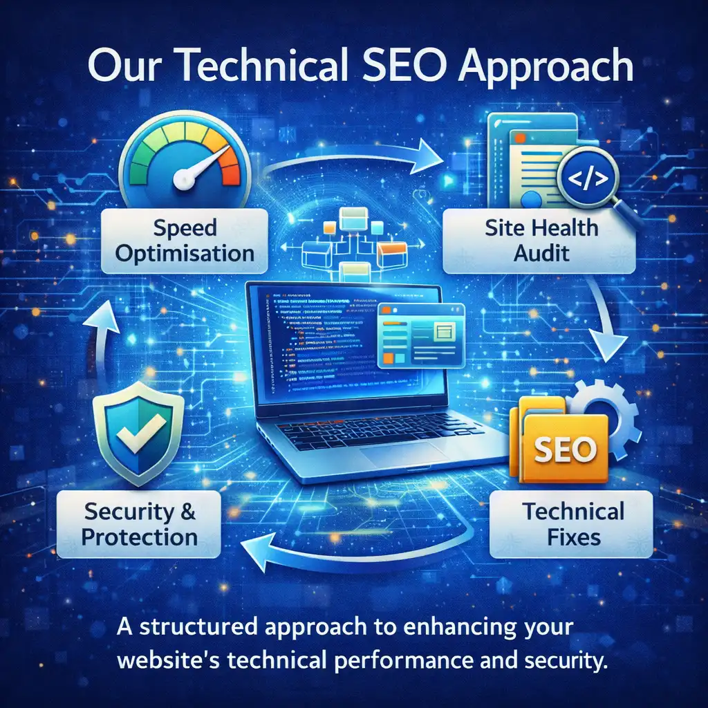 Technical SEO approach showing speed optimisation, site health audit, security, and technical fixes