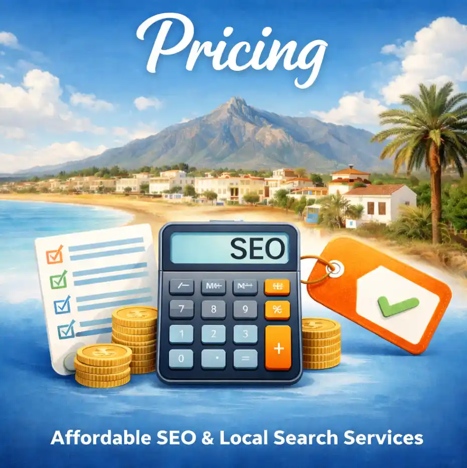 SEO pricing illustration showing service packages, euro pricing, and flexible SEO plans in Marbella