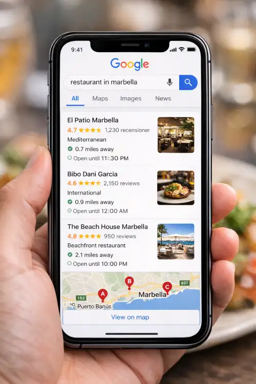 Google search results for restaurants in Marbella