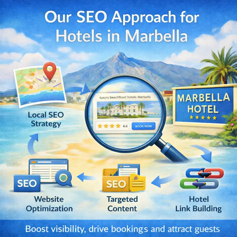 SEO approach for hotels in Marbella showing local SEO strategy, hotel search results, website optimisation, content, and link building