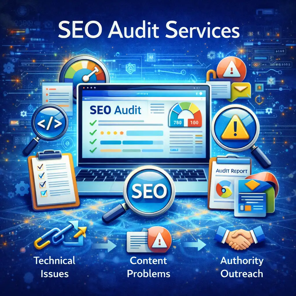 SEO audit services showing website analysis, technical issues, content problems, and SEO performance report