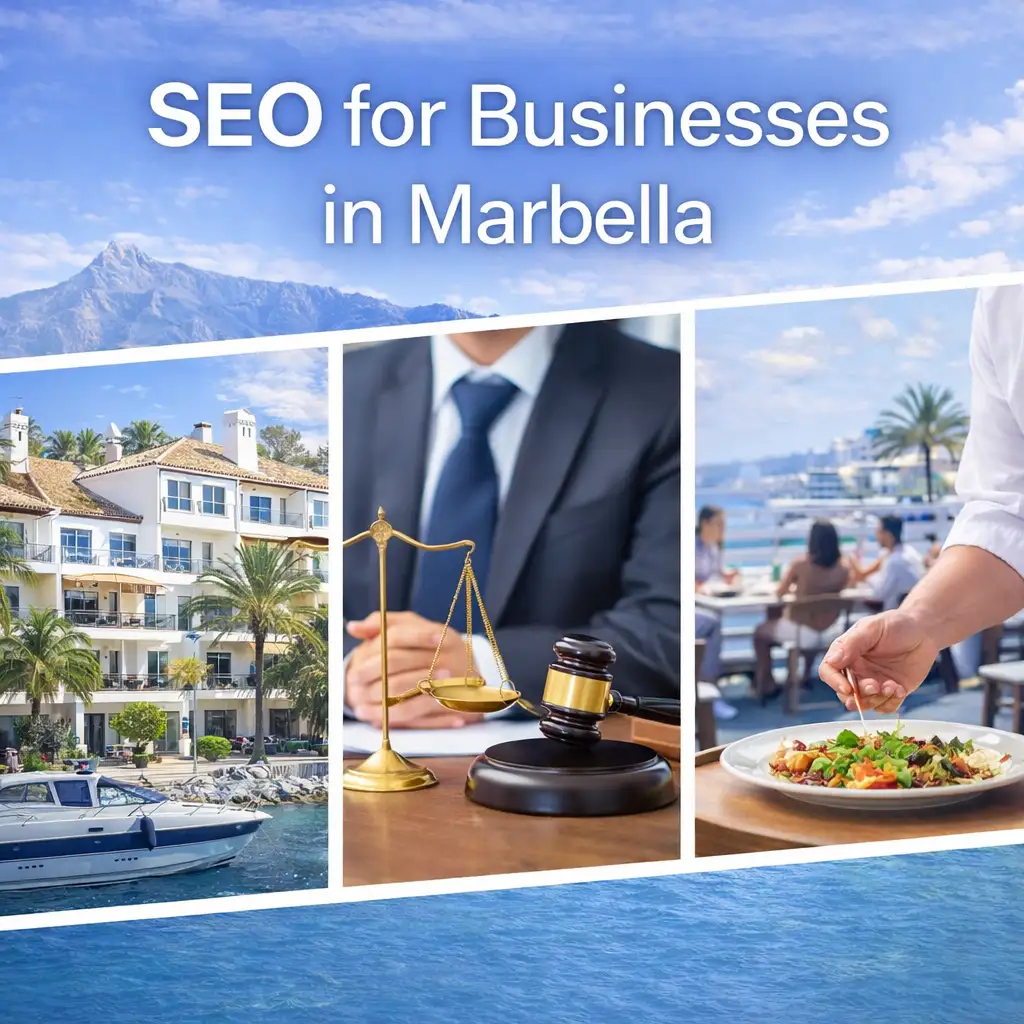 SEO for businesses in Marbella illustrated with local industries including real estate, legal services, and restaurants