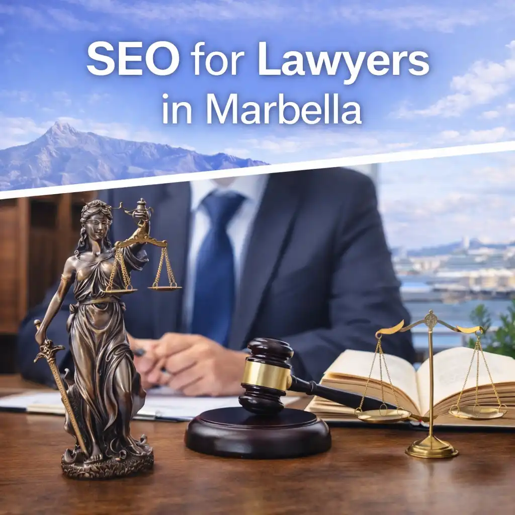 SEO for lawyers in Marbella illustrated with legal symbols, law office setting, and professional attorney environment