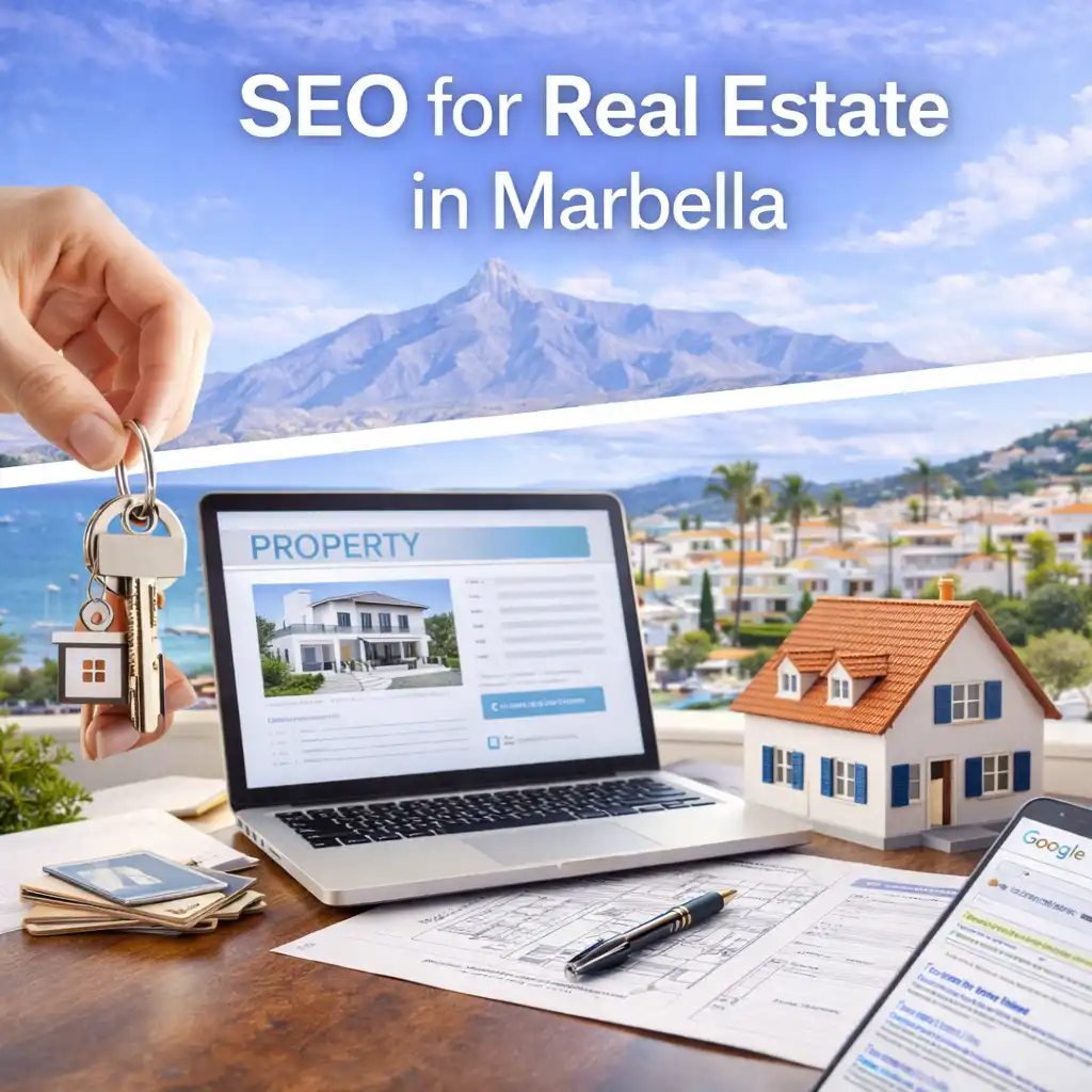 SEO for real estate in Marbella illustrated with property listings, homes, and online search visibility