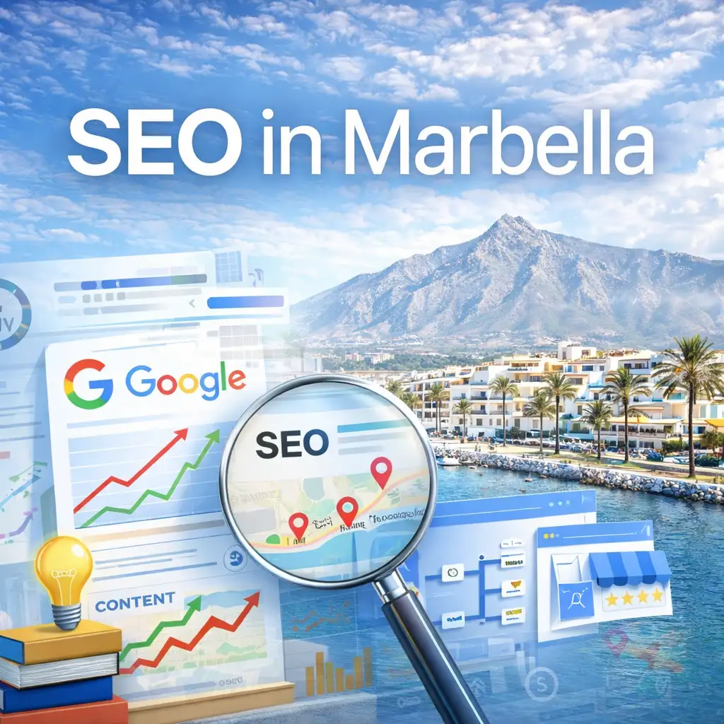 SEO in Marbella illustration with Google search, analytics charts, and a map pin over Marbella