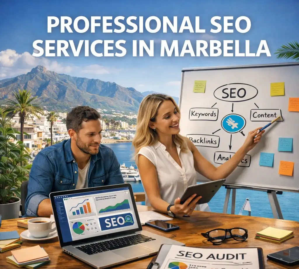 Professional SEO services in Marbella with an SEO agency team planning search strategy and analytics