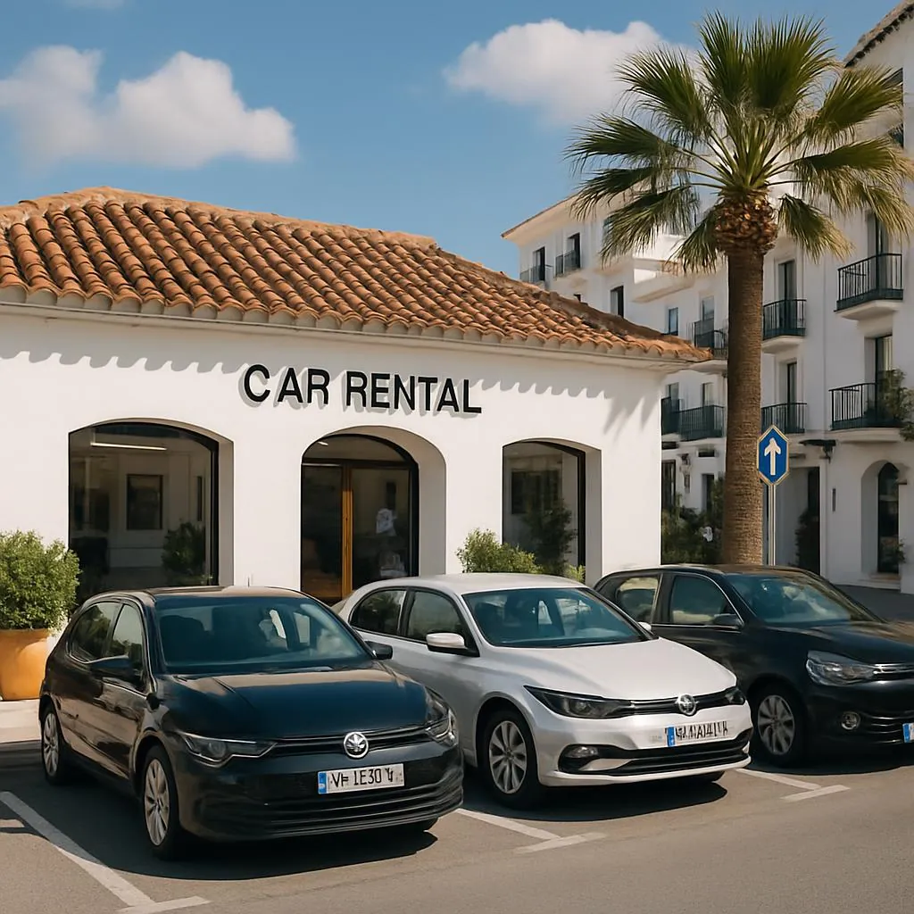 Oficina de alquiler de coches con coches aparcados delante en una calle soleada