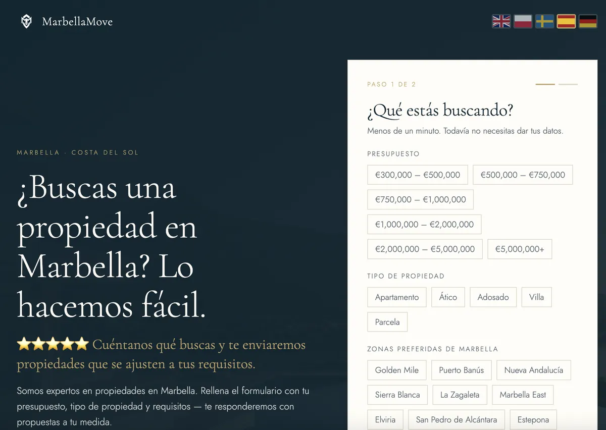 MarbellaMove homepage with a property search enquiry form for buyers in Marbella