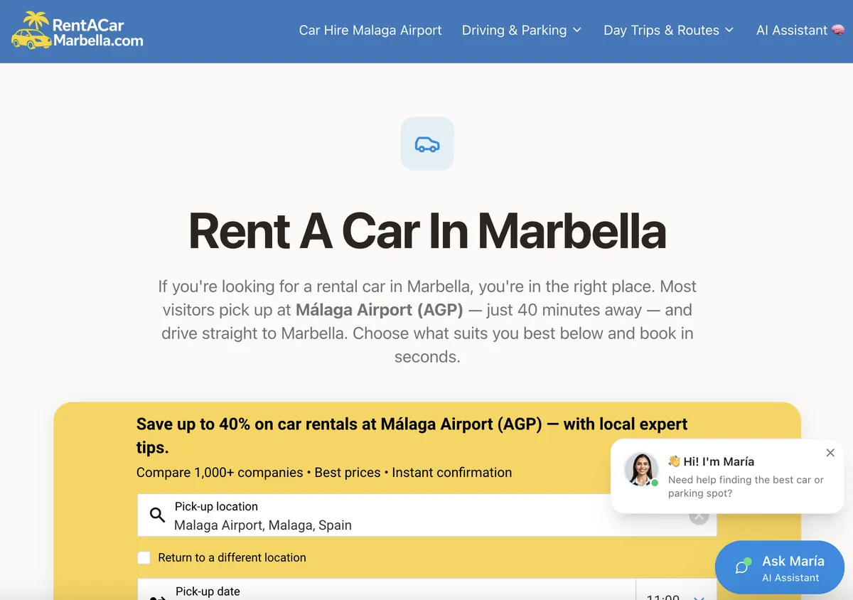 RentACarMarbella.com homepage for car rental in Marbella