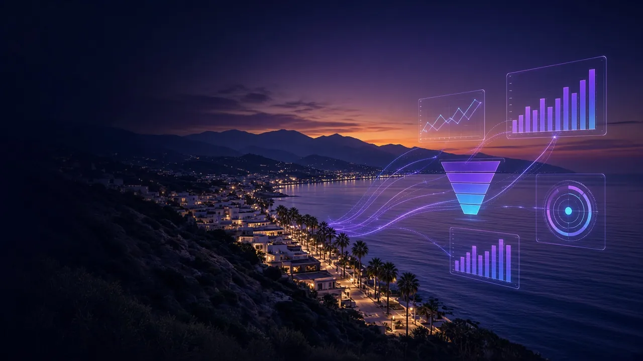 Ilustración de una costa de estilo marbellí al atardecer con paneles luminosos de marketing digital flotando sobre el mar