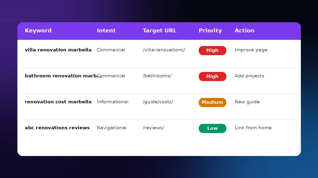 Example keyword worksheet with columns for keyword, search intent, target URL, priority and action required