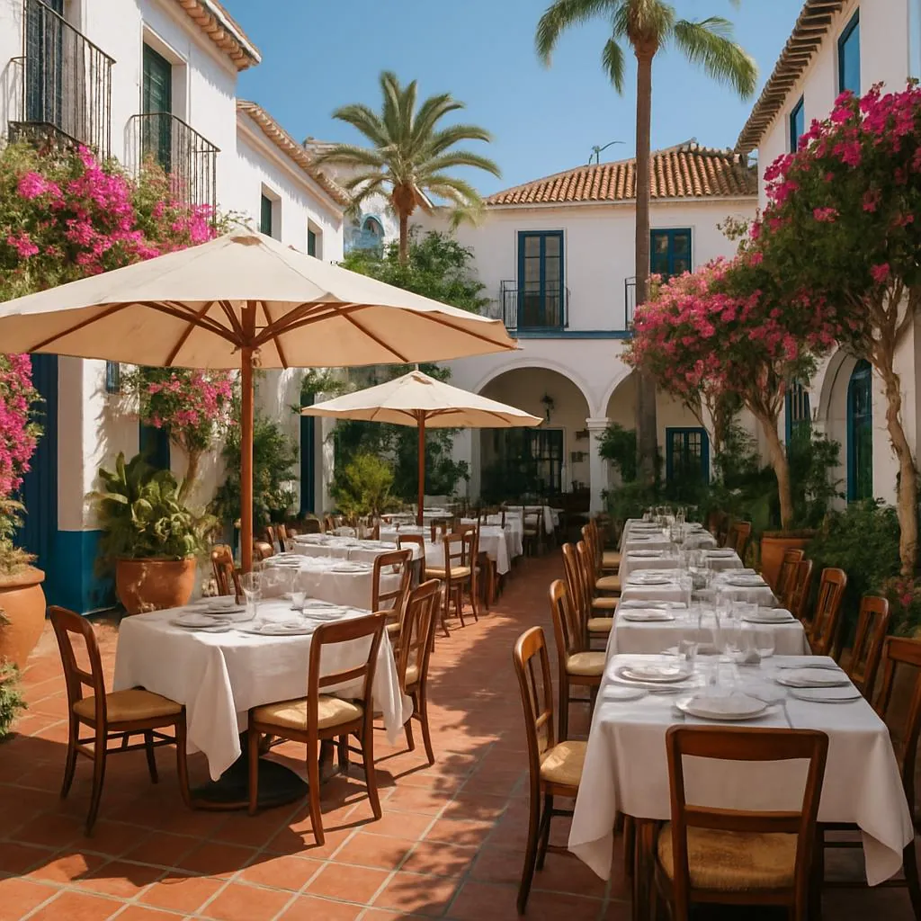 Terraza de restaurante con mesas puestas y buganvillas en un patio andaluz