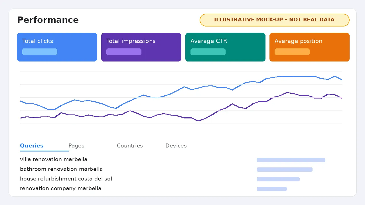 Illustrative mock-up of a Google Search Console performance report with clicks, impressions, CTR, average position and a list of search queries