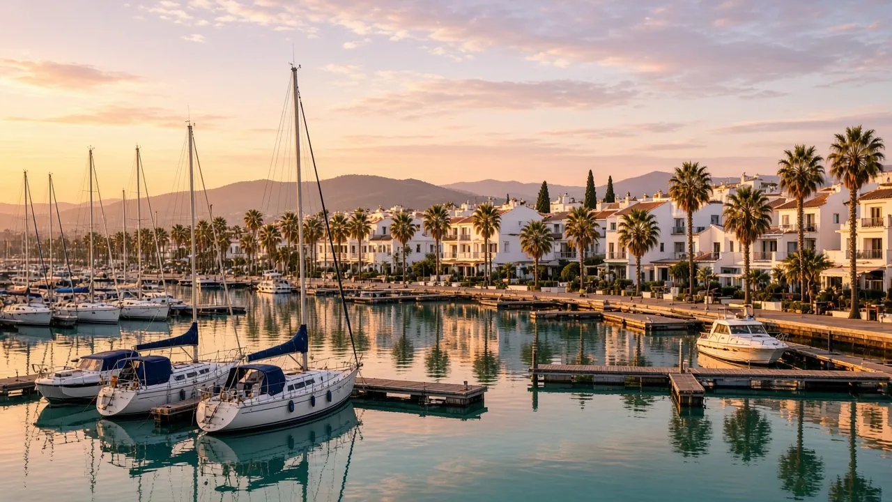 Illustration of a quiet Costa del Sol marina in the style of Estepona at golden hour, with moored boats and a seafront promenade