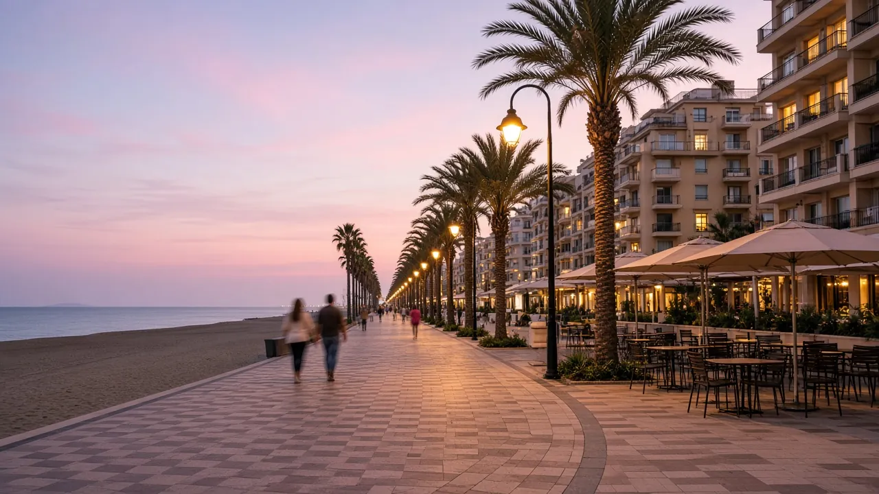 Illustration of a lively palm-lined seafront promenade in the style of Fuengirola in the early evening, with distant passers-by