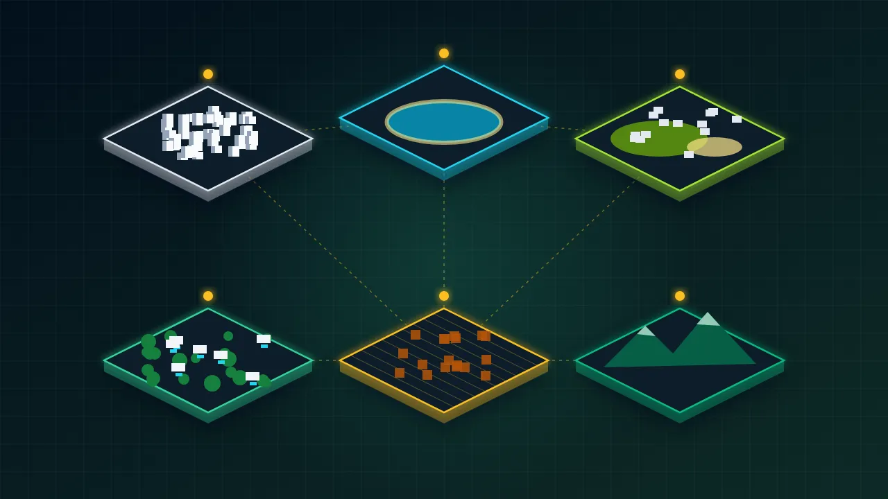 Isometric illustration of one municipality split into six glowing zones: hillside village, beach cove, golf urbanisation, villa hills, town grid and mountains