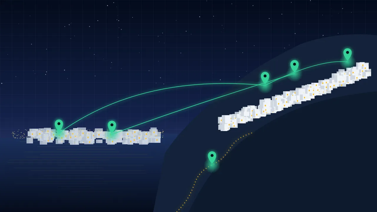 Stylised illustration of a whitewashed hillside village above the Mediterranean coast at blue hour with a glowing data overlay of routes and map pins