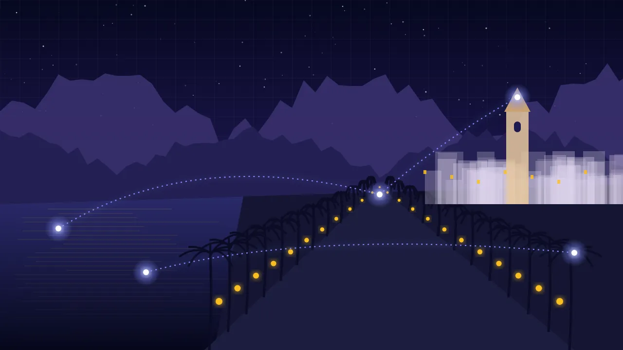 Stylised illustration of San Pedro Alcántara at dusk with a church tower, palm-lined boulevard and Sierra Blanca, overlaid with glowing data lines and map pins