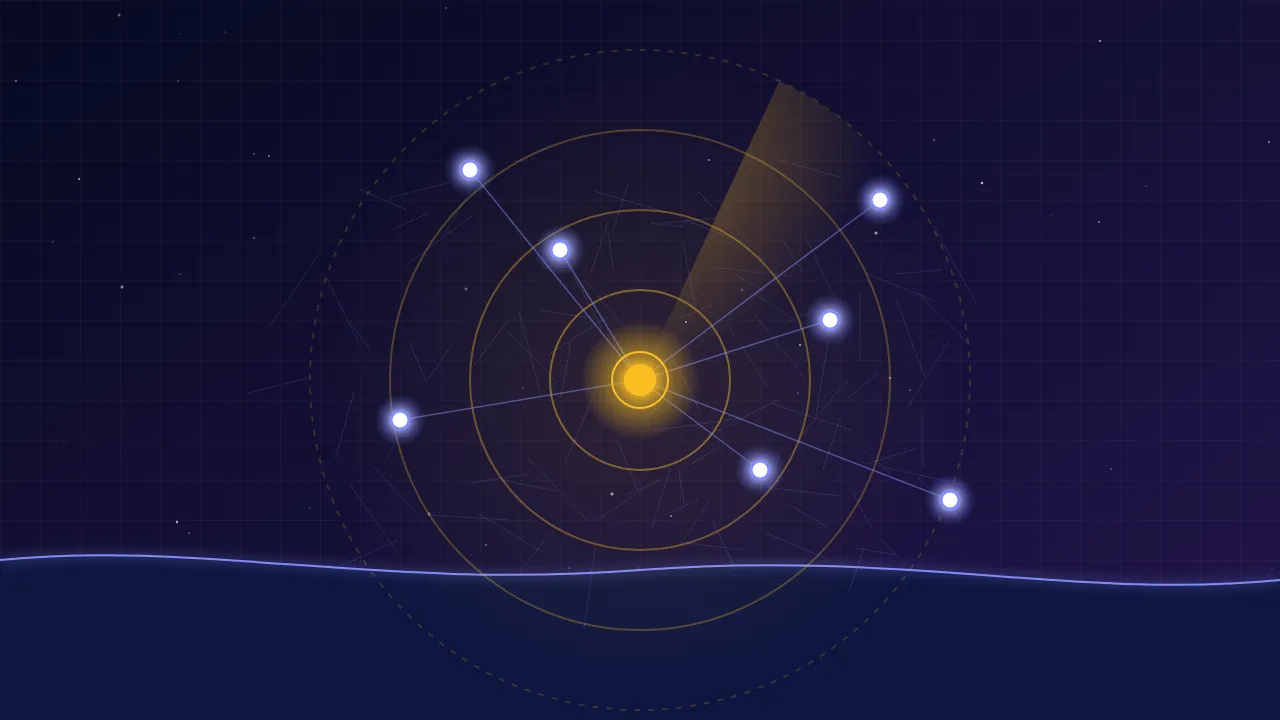 Abstract illustration of local search radius rings around a town centre with glowing nearby area nodes